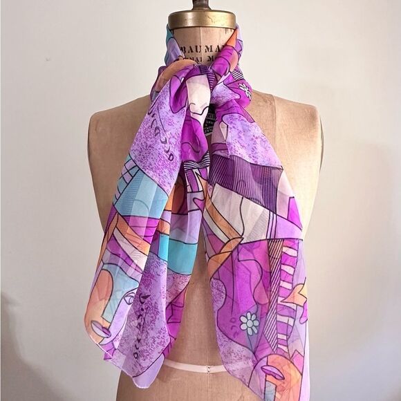Vintage Pablo Picasso Purple Abstract Face Design  Art Print Chiffon Scarf - Picture 1 of 7